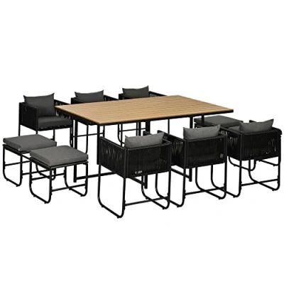 Image of Outsunny 10 Seater Rattan Cube Garden Furniture Set, Dining Set with Cushions, Outdoor Table and Chairs 6 Armchairs, 4 Stools, Rectangular Wood Grain Plastic Top Table, Black