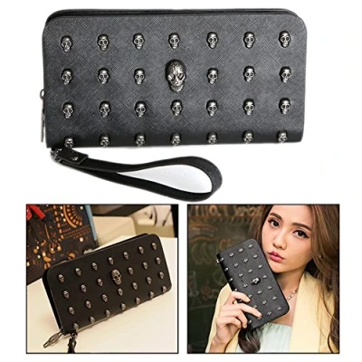 Image of OFKPO Faux PU Leather Long Zipper Wallet Purse with Skull Plated for Women (Black)