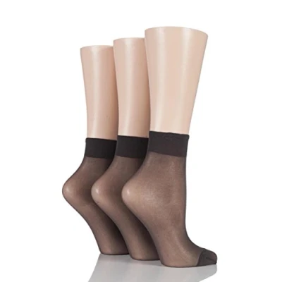 Image of 3 Pair Barely Black 15 Denier 100% Nylon Ankle Highs Ladies 4 8 Elle