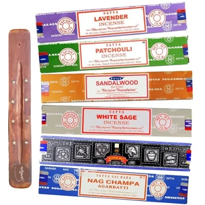 Image of Satya Nag Champa incense Sticks 6 unique and premium flavours Lavender, Patchouli, Sandalwood, White Sage, Super Hit, Agarbatti comes with SAMASIA holder