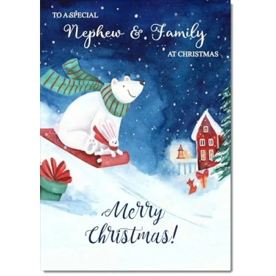 Image of doodlecards Nephew &amp; Family Christmas Card Bear on Sled Medium Size with Plain Envelope