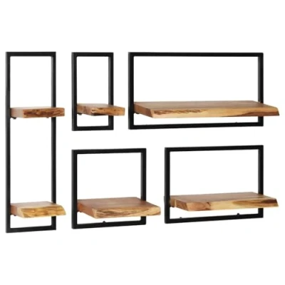 Image of vidaXL Solid Acacia Wood and Steel Wall Shelf Set 5 Multipurpose Shelves with Industrial Design Suitable for Living Room, Bedroom, or Office Space, Rustic Brown, Easy to Assemble