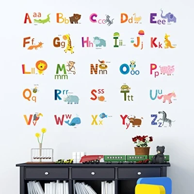 Image of DECOWALL DA 1503A Colorful Animal Alphabet ABC Kids Wall Stickers Peel and Stick Decals Removable Nursery Bedroom Living Room Art Murals (Medium)