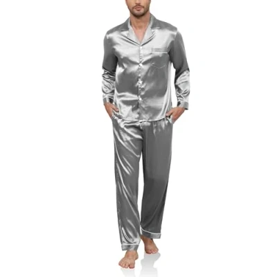 Image of Reliwel Mens Silk Pyjamas Long Sleeve Button Down Sleepwear Two Pieces for Men Notch Collar Warm Loungewear Winter Men&#039;s Nightwear Pjs S XXL Light Grey