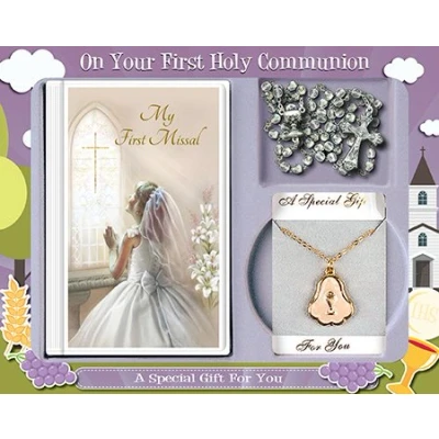 Image of FHC First Holy Communion Gift Set Girl Missal Book, Rosary Beads, Pearl Medal and Chain C5210