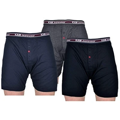 Image of Kam Mens Black/Charcoal/Navy Mixed Colour 3 Pack Button Fly Stretch Boxer Shorts, Big and Tall, King Size, 3XL