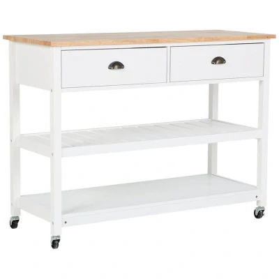Image of Beliani Kitchen Trolley Island on Wheels White with Drawers Wooden Top Navarino