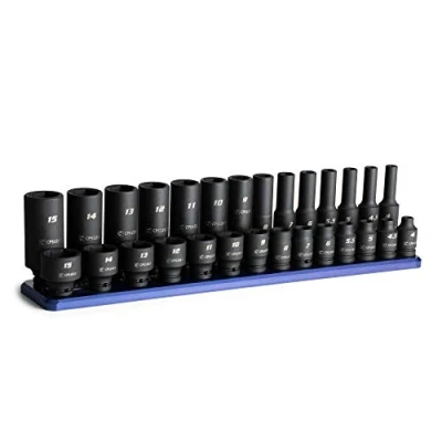 Image of Capri Tools 1/4 in. Drive Shallow and Deep Impact Socket Set, 4 to 15 mm, Metric, 28 Piece with Billet Aluminum Rail