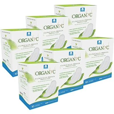 Image of Organyc 100% Certified Organic Cotton Feminine Pads Sanitary Napkin with Wings for Women, Moderate Flow, Regular Absorbency, 60 Count (6 Pack of 10 Count)