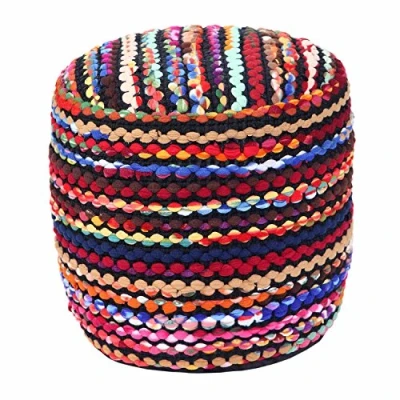 Image of HOMESCAPES Multi Coloured Bohemian Style Folk Pouffe Footstool Chindi Recycled Fleece with Filling, 45 cm Round