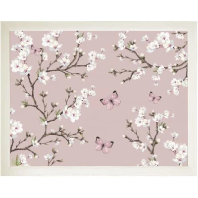 Image of Floral Lap Tray: Bean Bag Tray with cushion, Laptop Desk, Padded Eating Table (Cherry Blossom Flower, Cream Frame)
