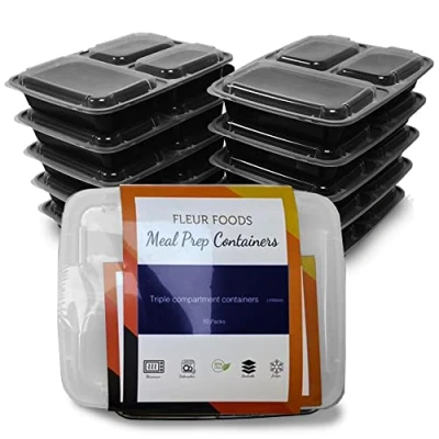 Image of Fleur Foods Meal Prep Containers BPA Free Plastic Food Storage Trays with Airtight Lids Microwave, Freezer &amp; Dishwasher Safe Stackable Portion Control Lunch Boxes (3 Compartment [1000ml])