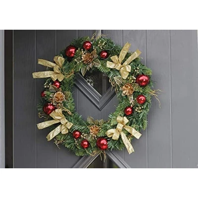 Image of Garden Mile Christmas Wreath 40cm Red &amp; Gold baubles berries and Poinsetta Finished Xmas Ideal For Home Or Office Decoration