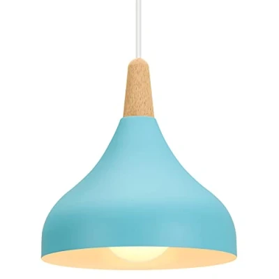 Image of iDEGU Retro Pendant Ceiling Light Modern Drop Style Hat Lampshade E27 Fixture in Metal Wood Lamp for Bedroom, Dining Room, Kitchen, Φ 20 cm (Blue)