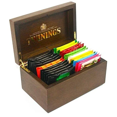 Image of Twinings Exclusive Luxury Dark And Gold Wooden Tea Chest 2 Compartment With 24 Black Fruit Herbal Bags, Box, Caddy