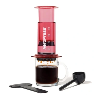 Image of AeroPress Clear Coffee Press 3 In 1 Brew Method Combines French Press, Pourover, Espresso, Full Bodied Without Grit or Bitterness, Small Portable Maker for Camping &amp; Travel, Red