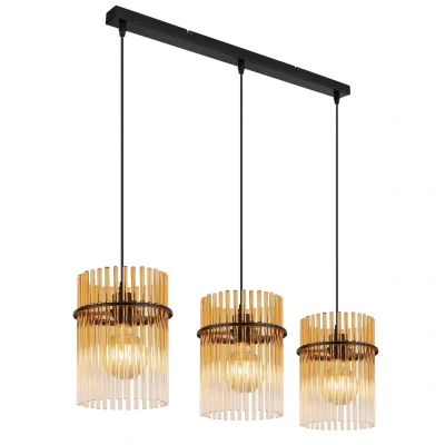 Image of Gorley Bar Pendant Ceiling Light Matt Black Amber Glass Shade 3x E27