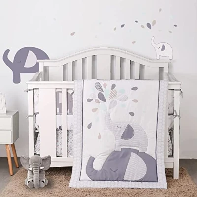 Image of 通用 YJM Jungle Elephant Crib Bedding Sets for Baby Boys and Girls,Grey/White Set, 4 PC Cot Set with 1 Skirt/1 Quilt/2 Sheet