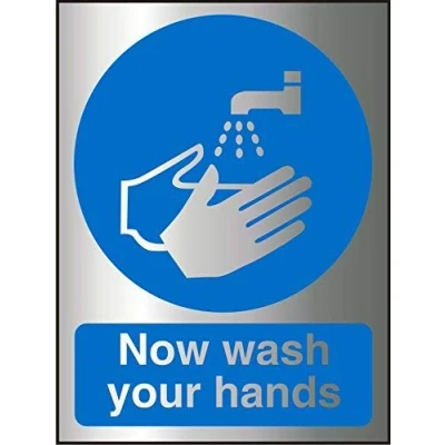 Image of Seco Now Wash Your Hands Sign, 150mm x 200mm 2mm Brushed Aluminium Effect Acrylic