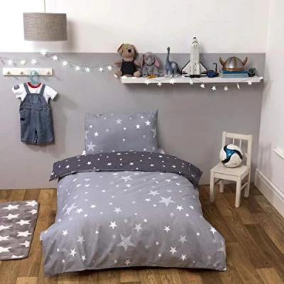 Image of Dreamscene Galaxy Stars Duvet Cover with Pillowcase Reversible Charcoal Bedding Set, Silver Grey Junior/Cot Bed