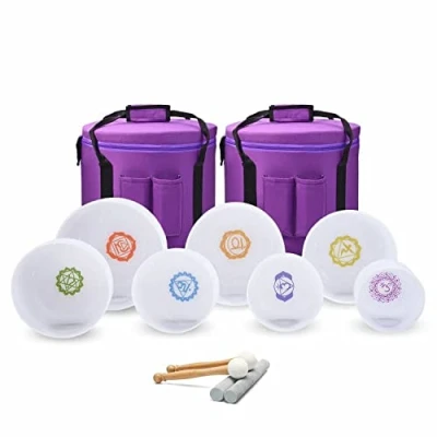 Image of CVNC 440HZ Set of 7 PCS Chakra Design Frosted Quartz Crystal Singing Bowls 15cm 30cm(6 Inch 12 Inch) with 2 Travel Carry Case Bag