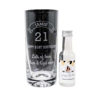 Image of Regalo Personalised Engraved Birthday Age Design Highball Glass &amp; Balloons Photo Miniature Bottle Gift Set for 21st 18th 30th (Empty Bottle/No Box)