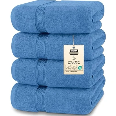 Image of Utopia Towels 4 Pack Premium Bath Set, (27 x 54 Inches) 100% Ring Spun Cotton 600GSM, Lightweight and Highly Absorbent Quick Drying Towels, Perfect for Daily Use (Electric Blue)