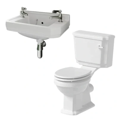Image of Park Lane® Cloakroom Bathroom Suite Close Coupled Single Flush Toilet WC Cistern Wall Hung Basin Soft Traditional Ceramic Set White Gloss