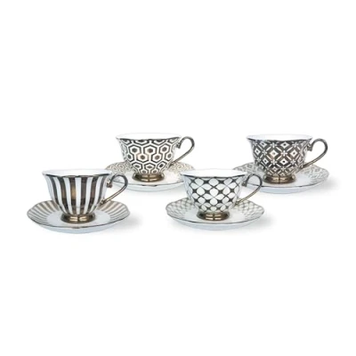 Image of heritage Fine Bone China Cups and Saucers Set, 4 Pieces, Geometric Patterns Free UK DELIVERY
