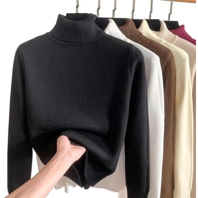 Image of JOCCOS Winter Fleece Thick Knitted Bottoming Shirt, Women Casual Turtleneck Sweater Soft Thermal Slim (Black,S(40 48kg))