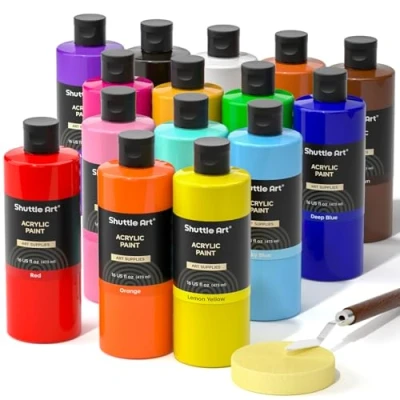 Image of Shuttle Art Acrylic Paint Set, 15 Colours Bottle Set (473ml/16oz), Rich Pigmented Paints, Bulk Painting Supplies for Artists, Beginners Kids on Rocks Crafts Canvas Wood Ceramic