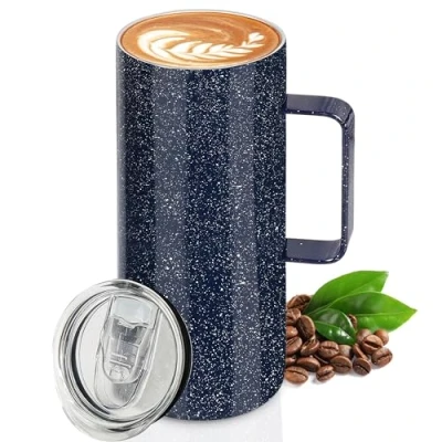 Image of BELLE VOUS Blue Stainless Steel Insulated Coffee Mug with Slider Lid 560ml/19oz Leakproof Thermal Travel Cup for Hot &amp; Cold Drinks Double Wall Vacuum Tumbler Handle Dishwasher Safe