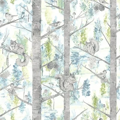 Image of SOPHIE LAURENCE Woodland Tree Teal Wallpaper Squirrel Birds Gold Metallic Non Woven Grizedale Paste The Wall (Sample)