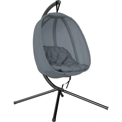 Image of Outsunny Hanging Egg Chair, Folding Texteline Swing Hammock with Side Pocket, Cushion and Stand for Indoor Outdoor, Patio Garden Furniture, Grey