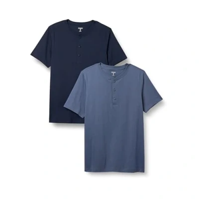 Image of Amazon Essentials Men&#039;s Regular Fit Short Sleeve Cotton Henley T Shirt, Pack of 2, Denim/Navy, XS