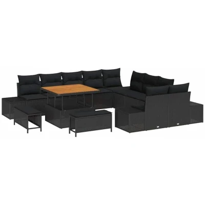 Image of vidaXL 13 Piece Garden Sofa Set with Cushions Black Poly Rattan Acacia