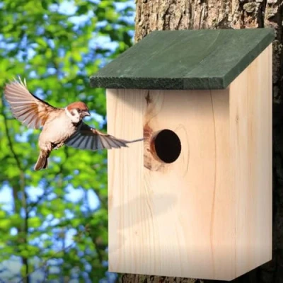 Image of Garden Mile Traditional Wooden Ornaments Outdoor Bird House Black Roof Box Natural Large Freestanding Hanging Wild Birds Nesting For Tree, Patio And Decor