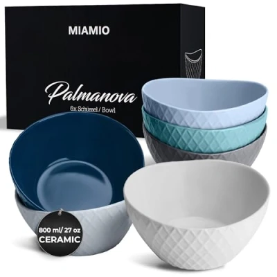 Image of MIAMIO 6 x 800 ml Bowl Set/Cereal Set Modern Bowls Matte Large Palmanova Collection (Ocean Blue)