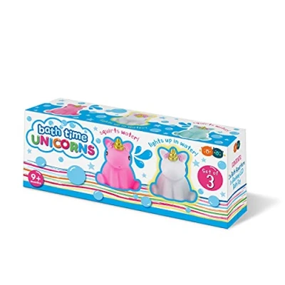 Image of Buddy &amp; Barney Bath Toy Water Squirters SET OF 3 Unicorns. 2 x Squirting and 1 Flashing LED Light Up Unicorn.