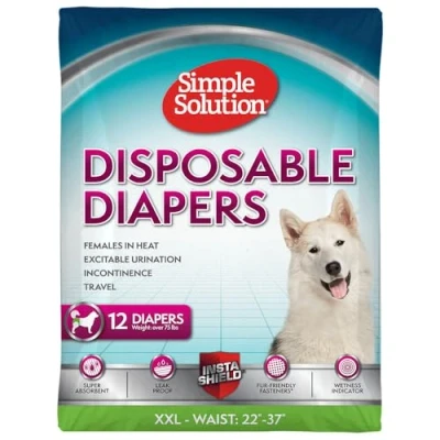 Image of Simple Solution Disposable Dog Diapers for Female Dogs, True Fit, Absorbent Leak Proof with Wetness Indicator, XXL Puppy &amp; Doggie Period Pad Pee Diaper, Large Pets 22 37 Inch Waist, 12 Count