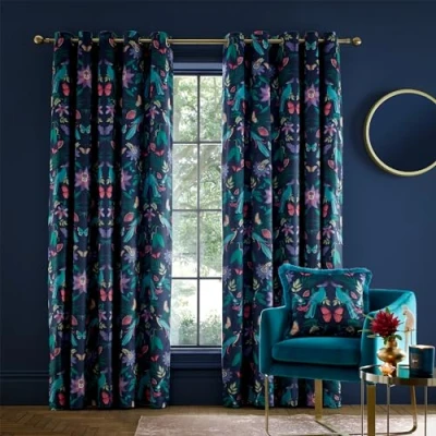 Image of Catherine Lansfield Mya Tropical Floral 66x54 Inch Lined Eyelet Curtains Two Panels Navy Blue