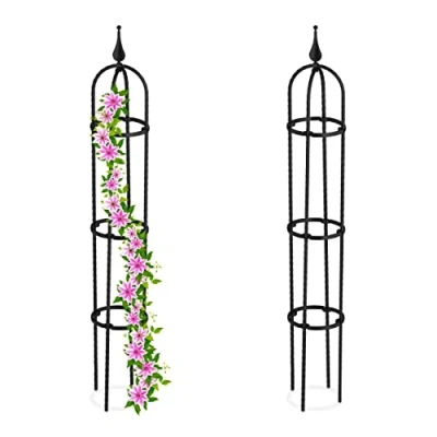 Image of Relaxdays Garden Obelisk, Set of 2, 70 cm Tall, Support for Climbing Plants, Free Standing, Rose Cage, Metal, Black