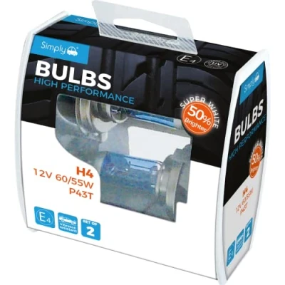 Image of Simply SWH4 High Performance H4 Car Bulb Duo Box of Two 12V 60/55W P34T Base Suitable for all Headlights 50% Brighter than standard, White