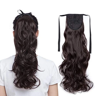 Image of 18&quot; Ponytail Hair Extensions Binding Curly Wavy Clip in One Piece Wrap Around Tie Up Dark Brown(45cm,90g)