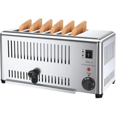 Image of Commercial 6 Slice Toaster, Extra Wide Slots, Hand Pop Up, Removable Crumb Tray, Five Speed Adjustable, Hamburger Bun Toaster Stainless Steel.