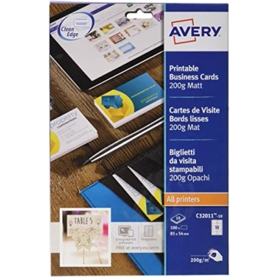 Image of Avery C32011 10 Business Cards, (Laser, Inkjet or Multifunction Printer), 85 x 54 mm, 100 Cards per Pack, White