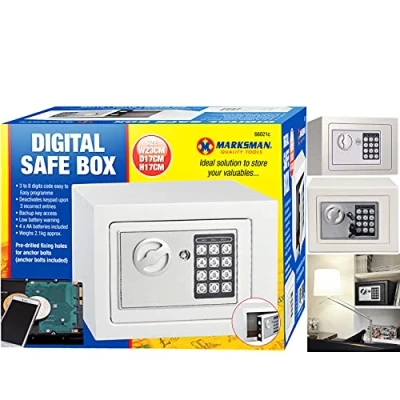 Image of MARKSMAN Digital Steel Safe Secure Construction Electronic Home Office Business Hotel Cash Money Valuables SMALL WHITE Security Safety Box Compact Locking Bolts &amp; 2 Keys UK FREE P&amp;P