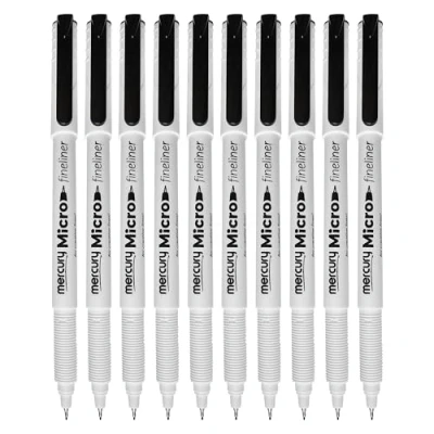 Image of MERCURY Micro Fineliner Pens, BLACK, Ultra Fine Point (0.3mm), Pack of 10, Textured Grip, Precision Lines, Ideal for Write Draw Sketch Colour Draft Mark