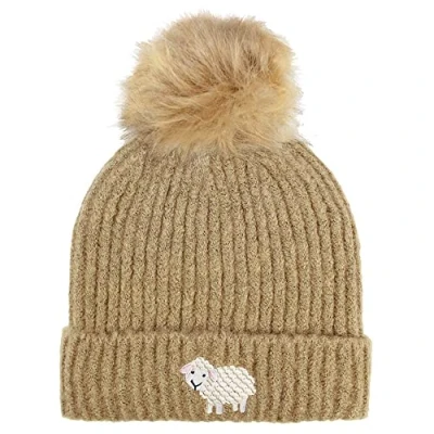 Image of TeddyT&#039;s Ladies Embroidered Sheep Rib Bobble Hat (Caramel), S L