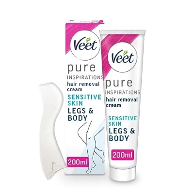 Image of Veet Pure Sensitive Hair Removal Cream 200 ml Leg Depilatory for Smooth, Exfoliated, and Hydrated Results with Shea Butter